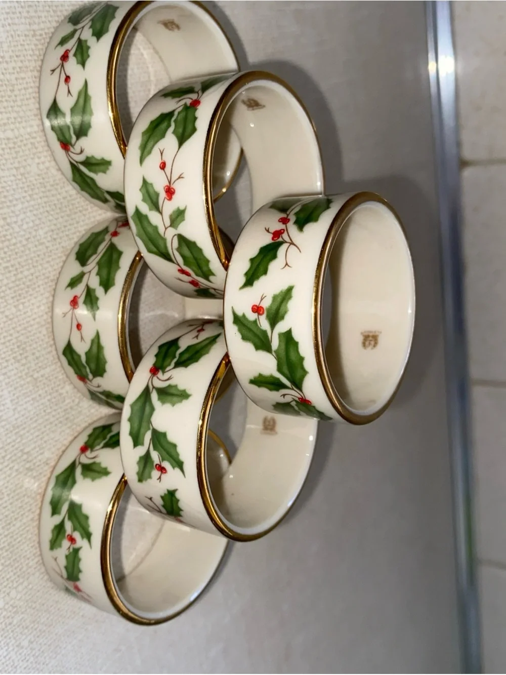 Lenox Holiday Holly Berries Napkin Rings Holders Set Of 6 Gold Trim Vintage